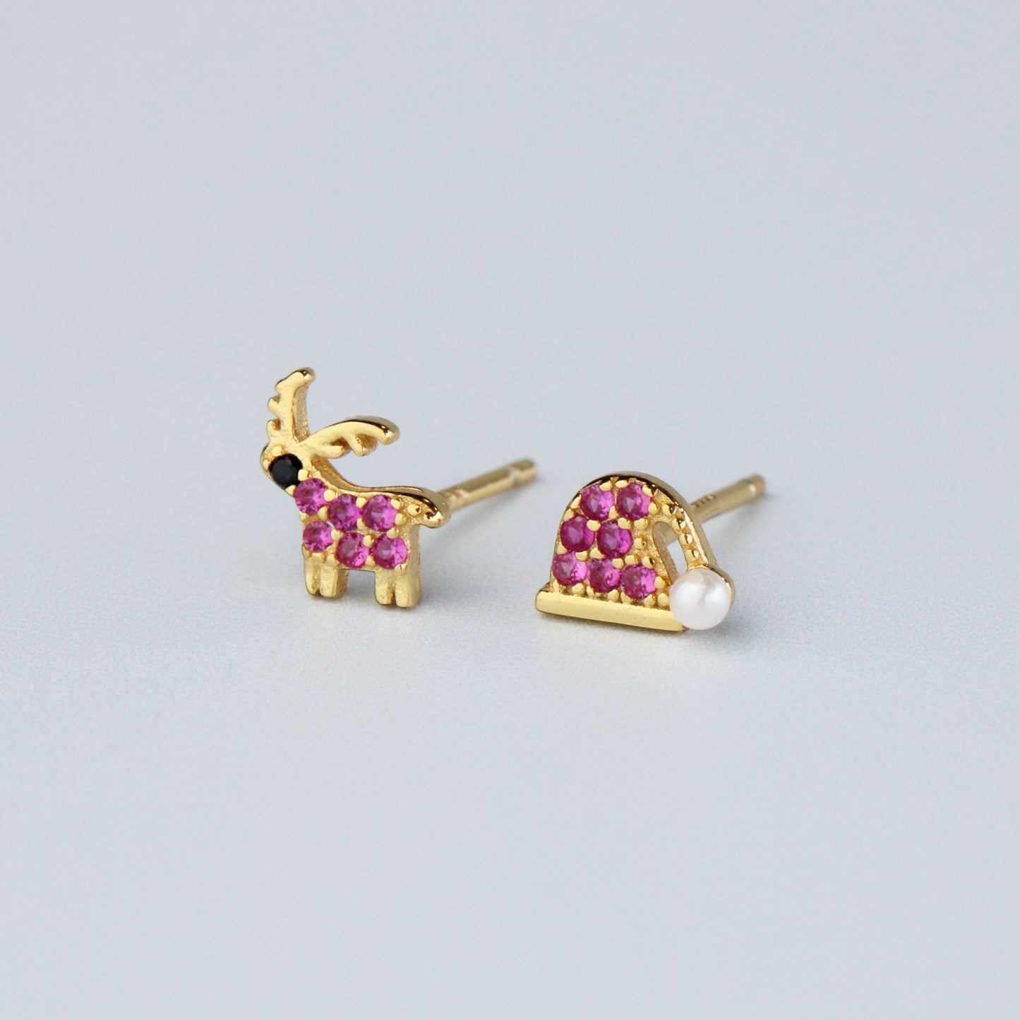 Gold Crystal Reindeer and Santa Hat Earrings