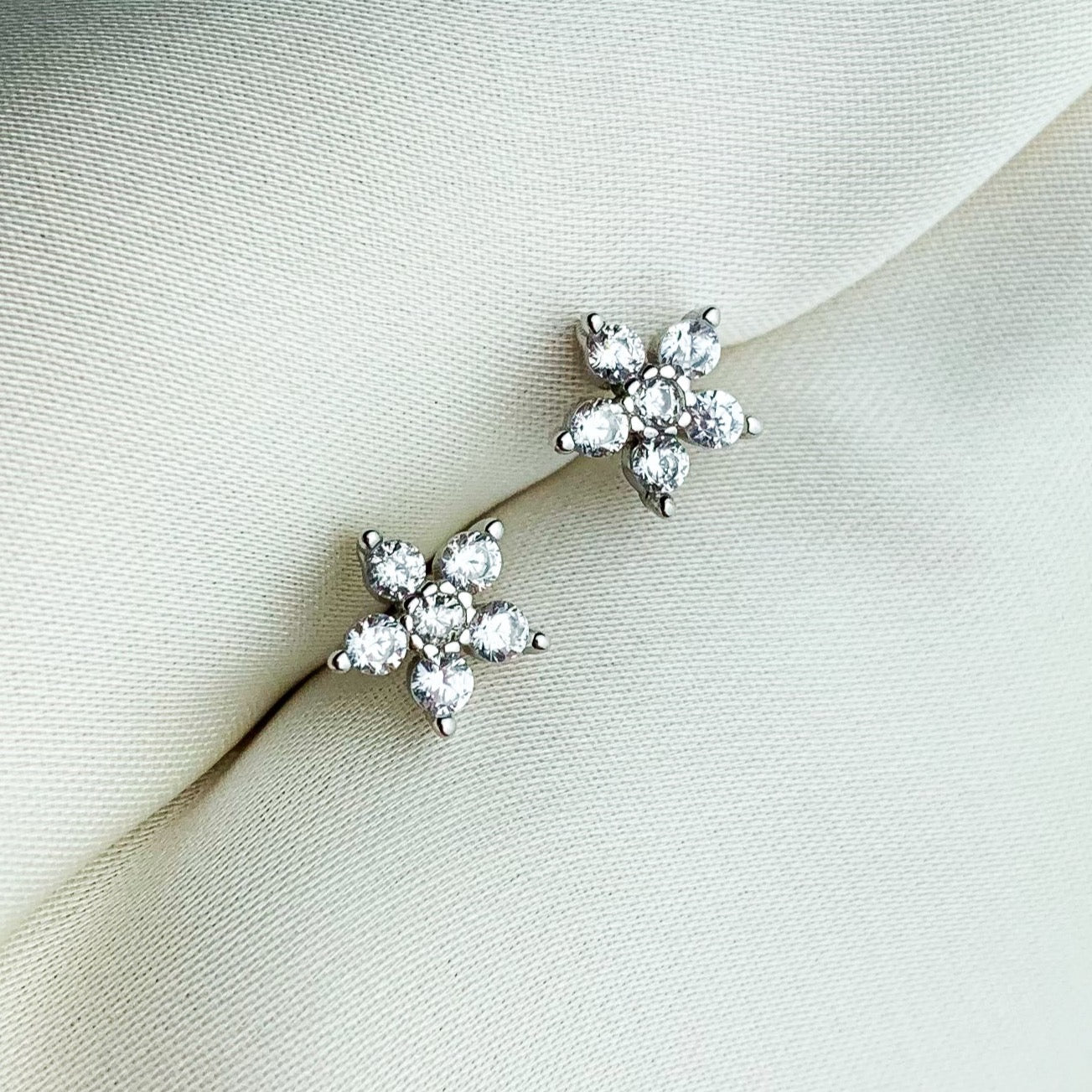 White Crystal Flower Stud Earrings