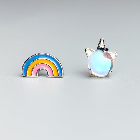 Asymmetrical Unicorn and Rainbow Stud Earrings