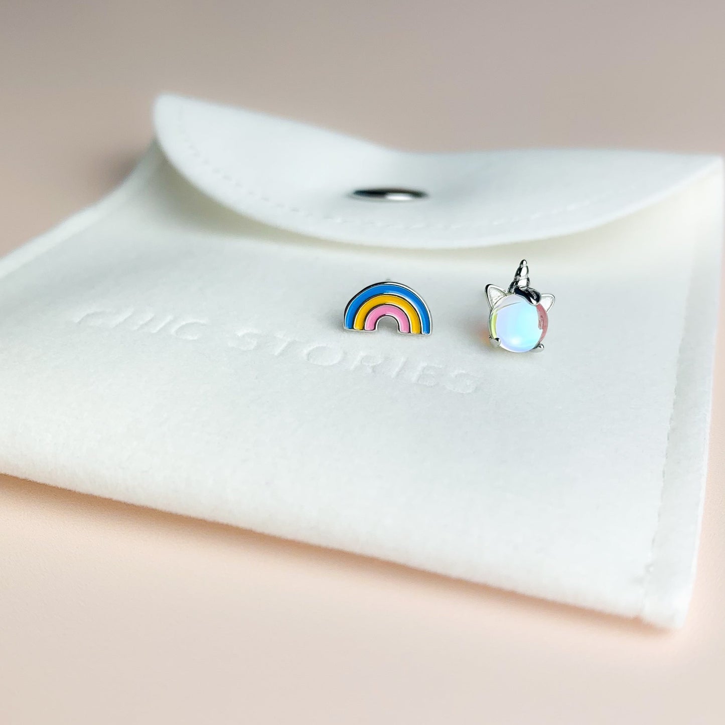 Asymmetrical Unicorn and Rainbow Stud Earrings