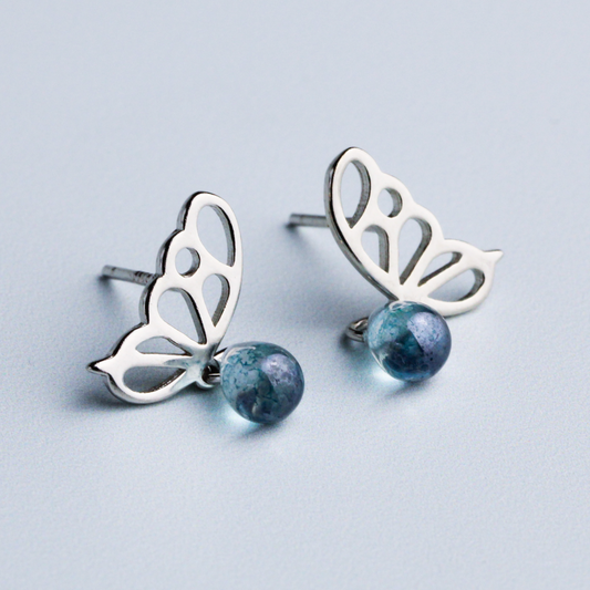 Blue Crystal Drop Butterfly Wing Stud Earrings