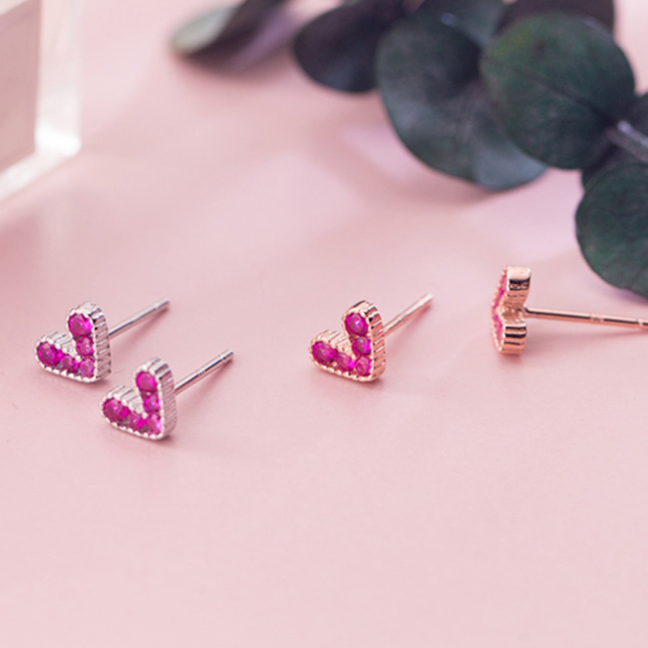 Hot Pink Crystal Heart Stud Earrings
