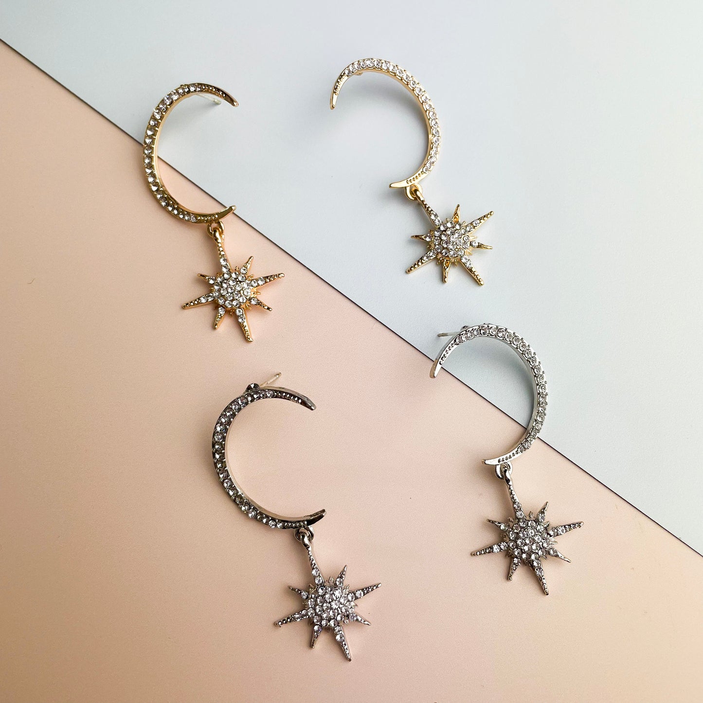 Rhinestone Crescent Moon and Star Drop Earrings