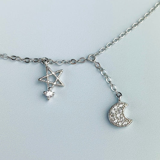 Crystal Moon and Star Pendant Necklace