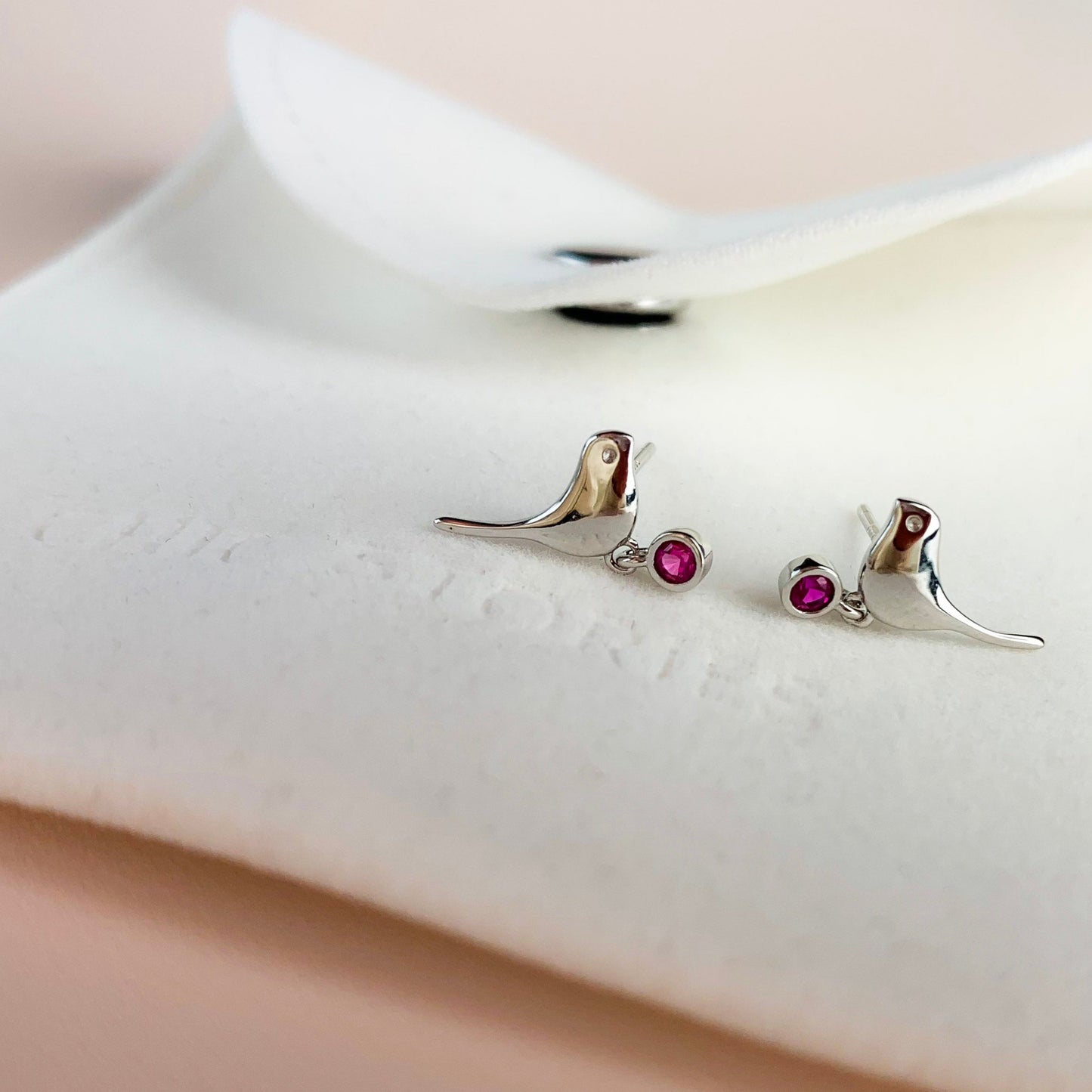 Bird Stud Earrings with Hanging Pink Crystal