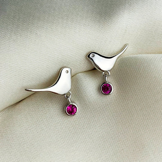 Bird Stud Earrings with Hanging Pink Crystal