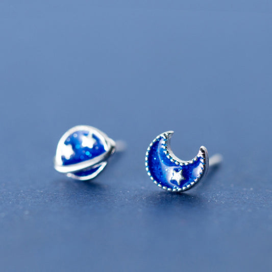 Blue Moon and Planet Stud Earrings