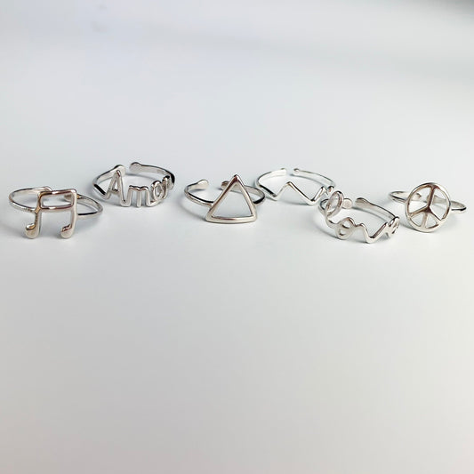 Peace, Love and Music Adjustable Symbol Rings