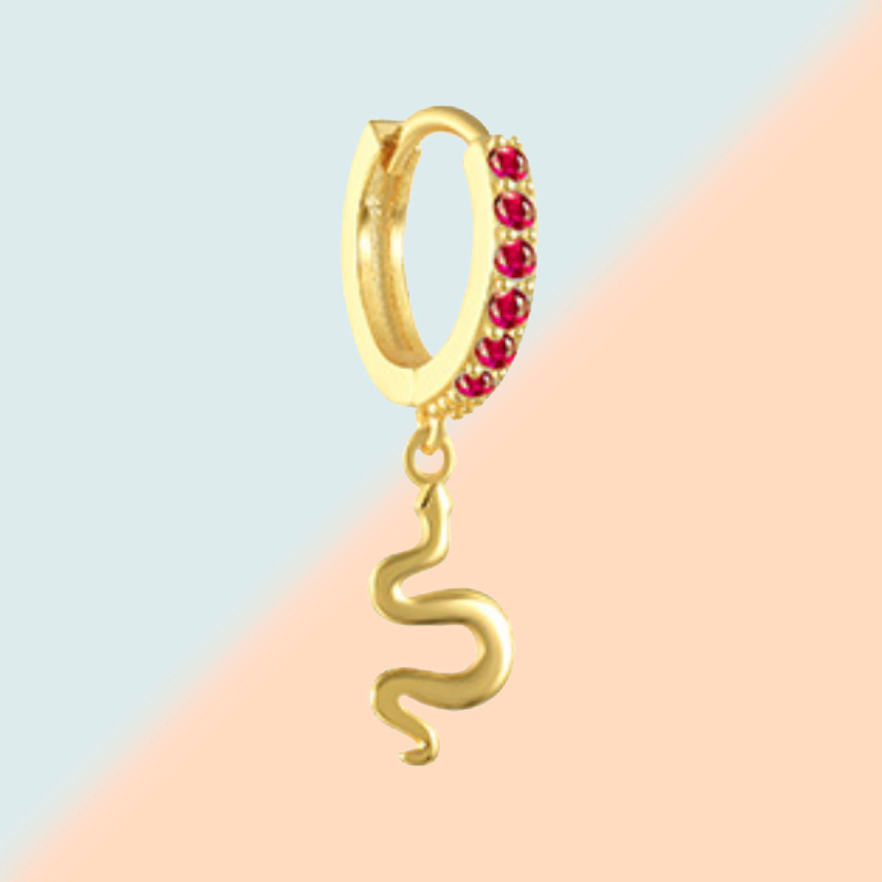 Dangling Gold Snake with Red Stones Huggie Earring
