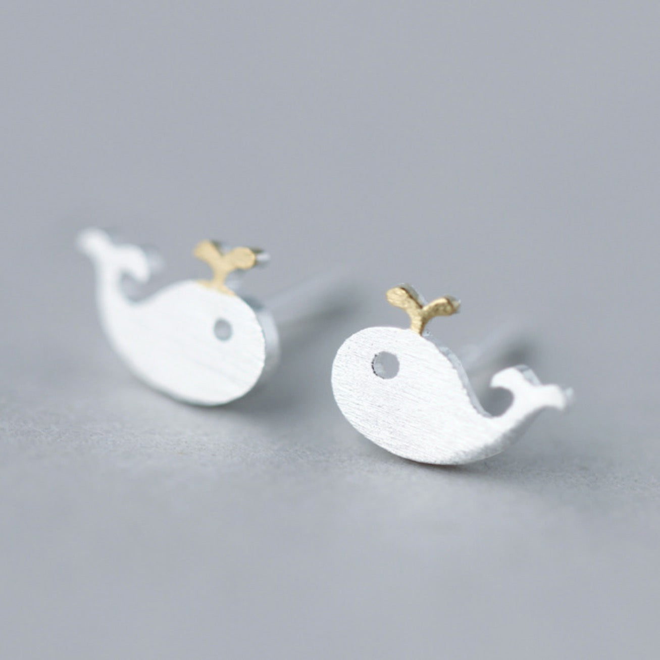 Brushed Silver Whale Stud Earrings