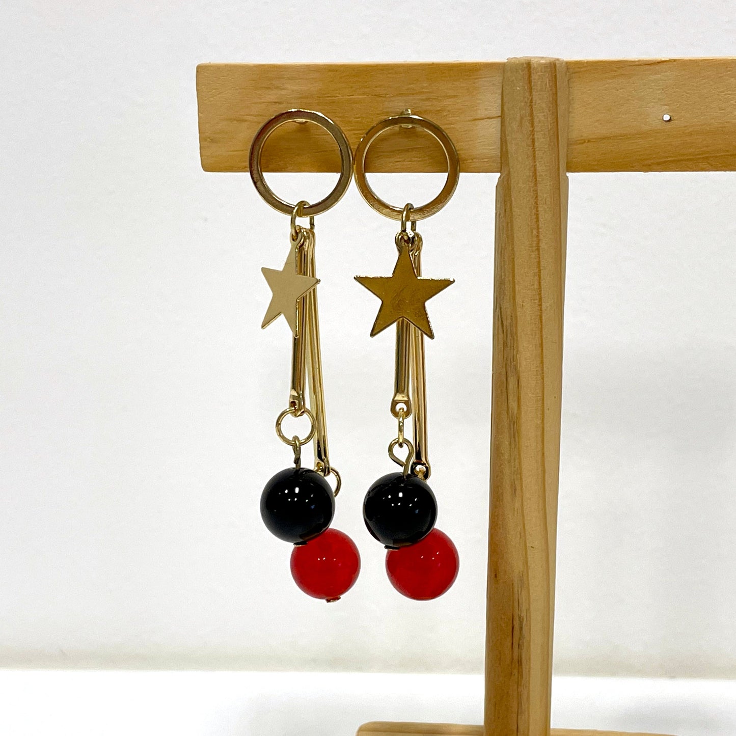 Drop Gold Red and Black Bead Earrings