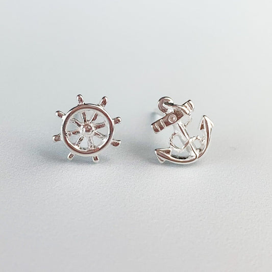 Anchor and Wheel Nautical Stud Earrings