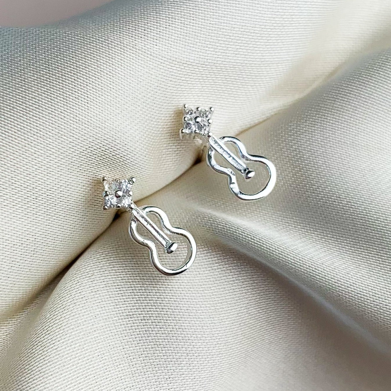 Tiny Guitar Stud Earrings with White Crystal