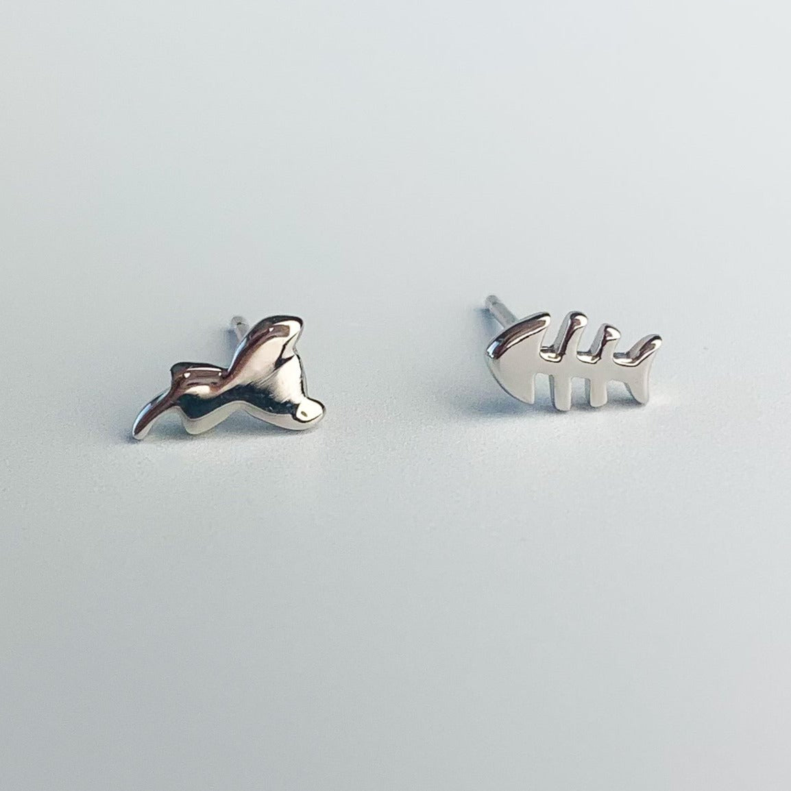 Cat and Fish Bone Stud Earrings