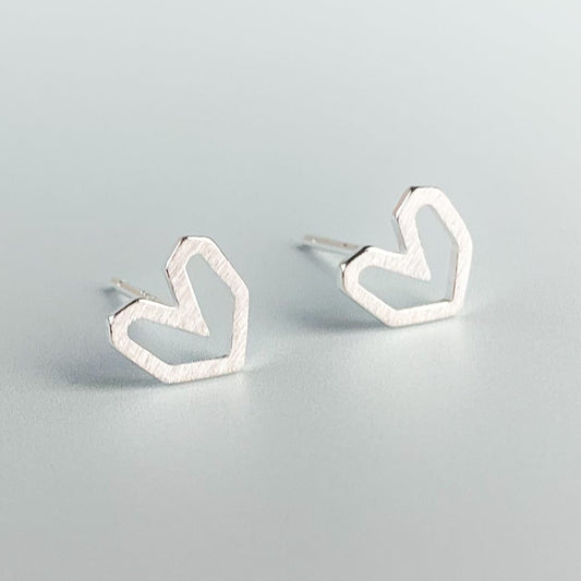 Brushed Silver Geometric Heart Studs