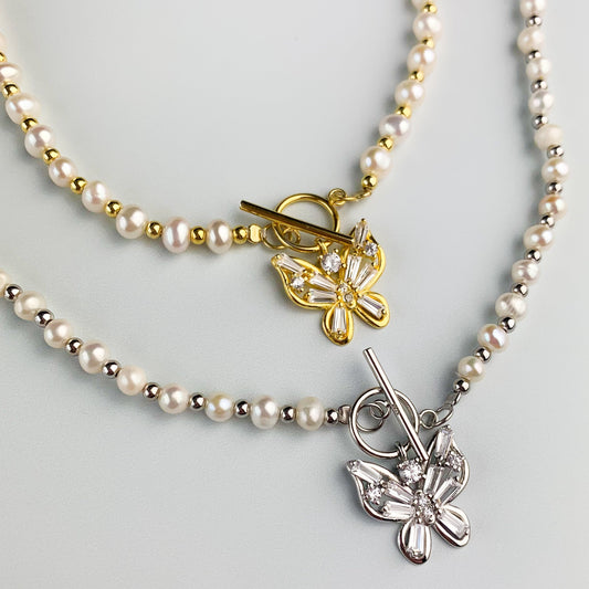 Butterfly Pendant Pearl Choker Necklace
