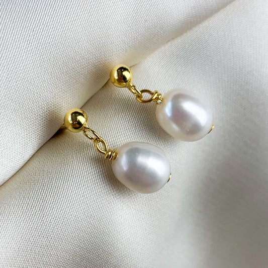 Gold Pearl Drop Stud Earrings