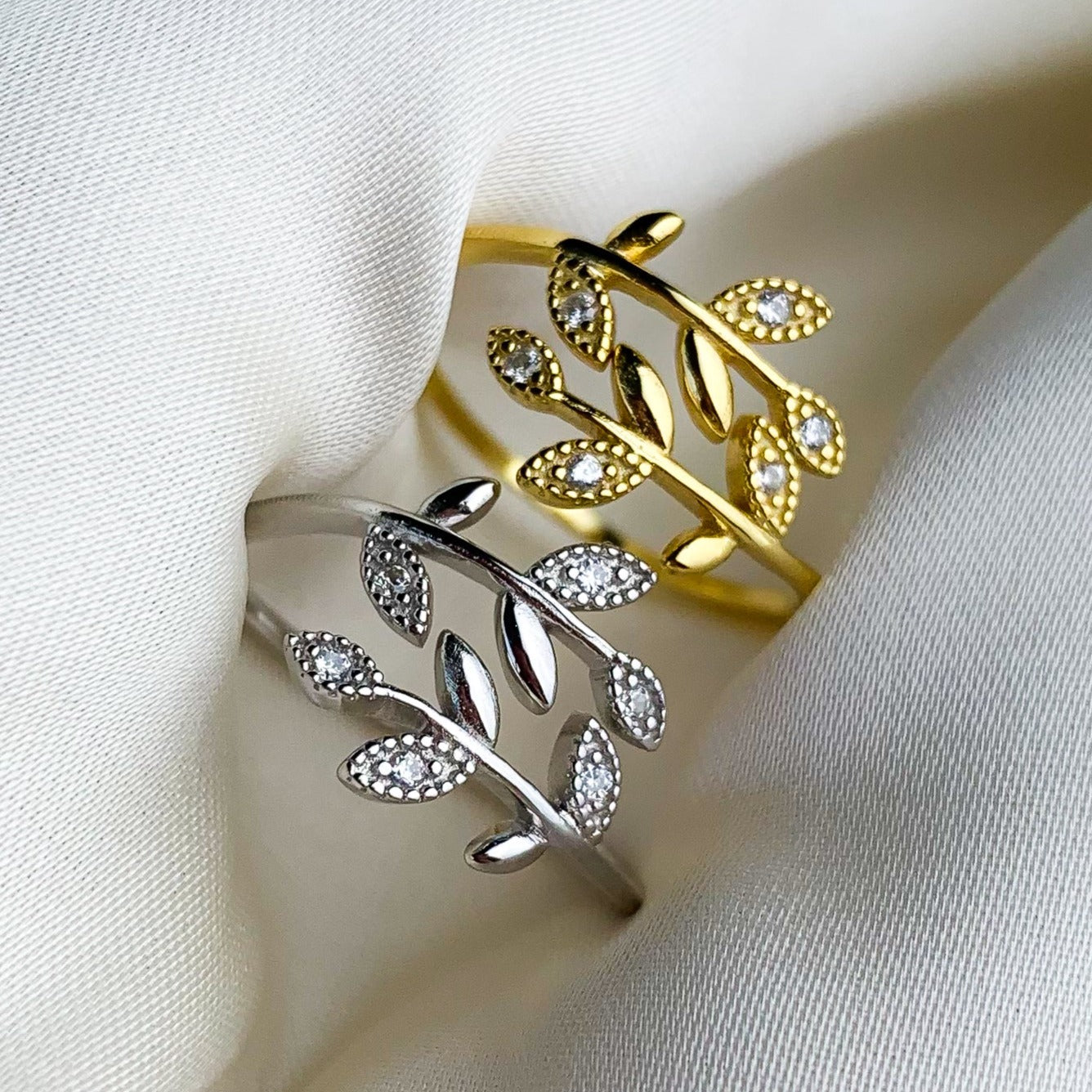 Crystal Detail Leaf Adjustable Ring