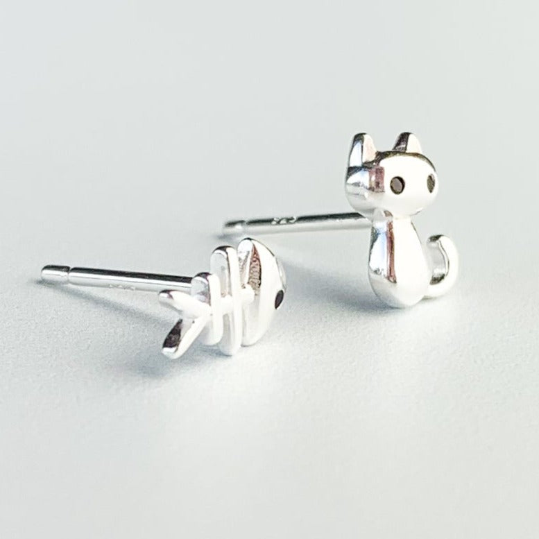 Cat and Fishbone Stud Earrings