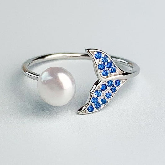 Blue Crystal and Pearl Whale Ring