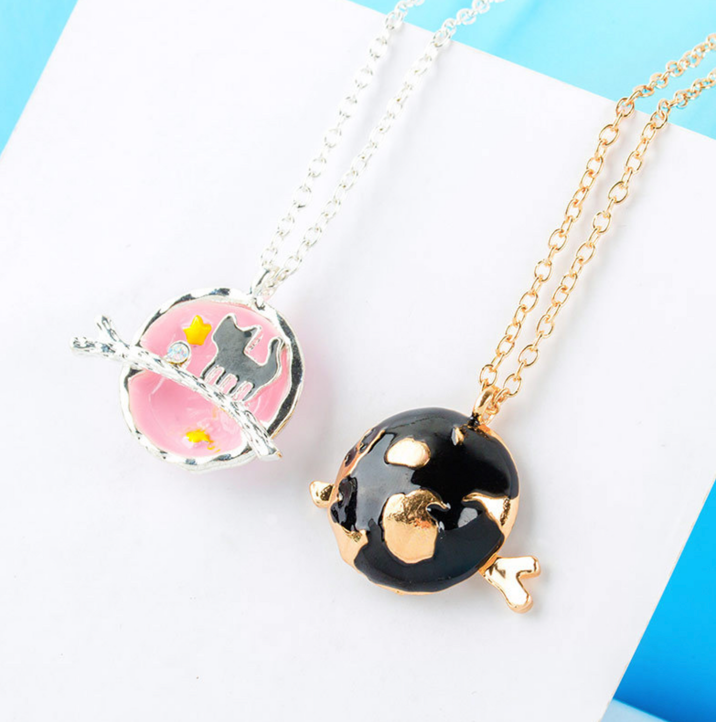 Cat in Starry Sky Pink and Black Necklace