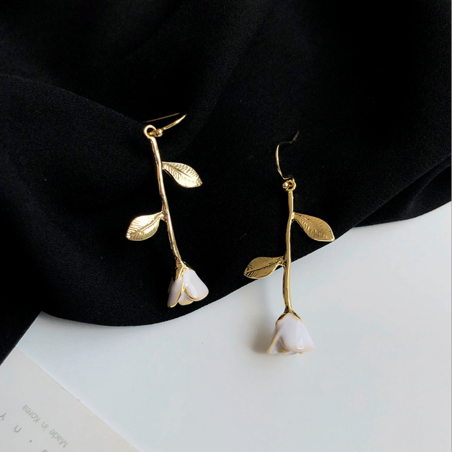 White Rose & Gold Drop Earrings