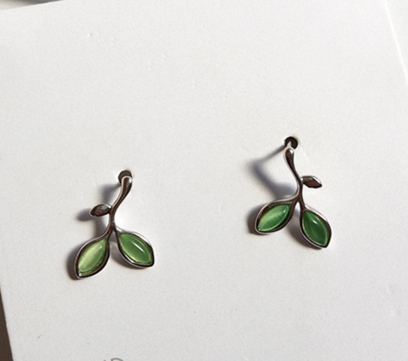 Green Olive Branch Silver Earrings