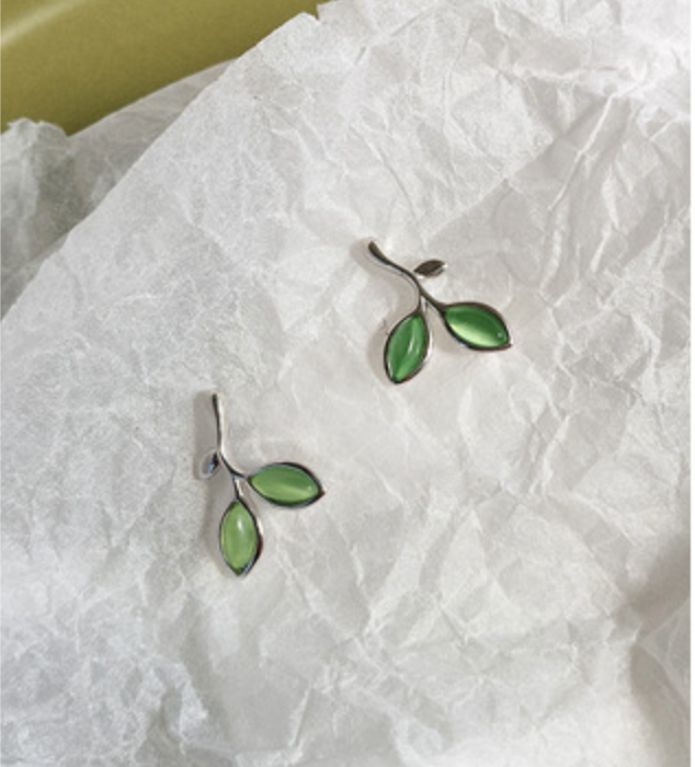 Green Olive Branch Silver Earrings