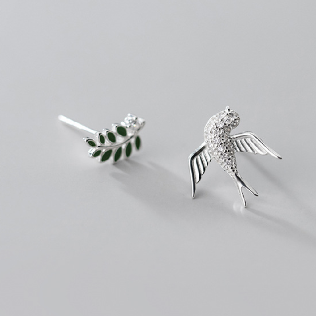 Crystal Detail Branch and Bird Stud Earrings