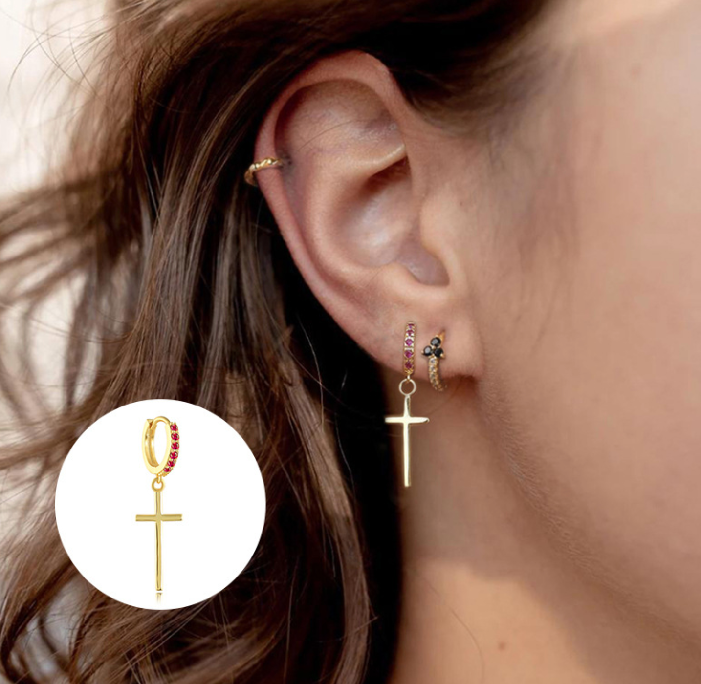 Gold Cross Huggie Earring