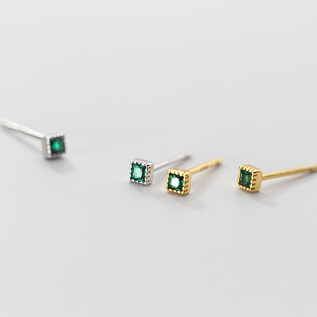 Tiny Square Studs with Green Stone