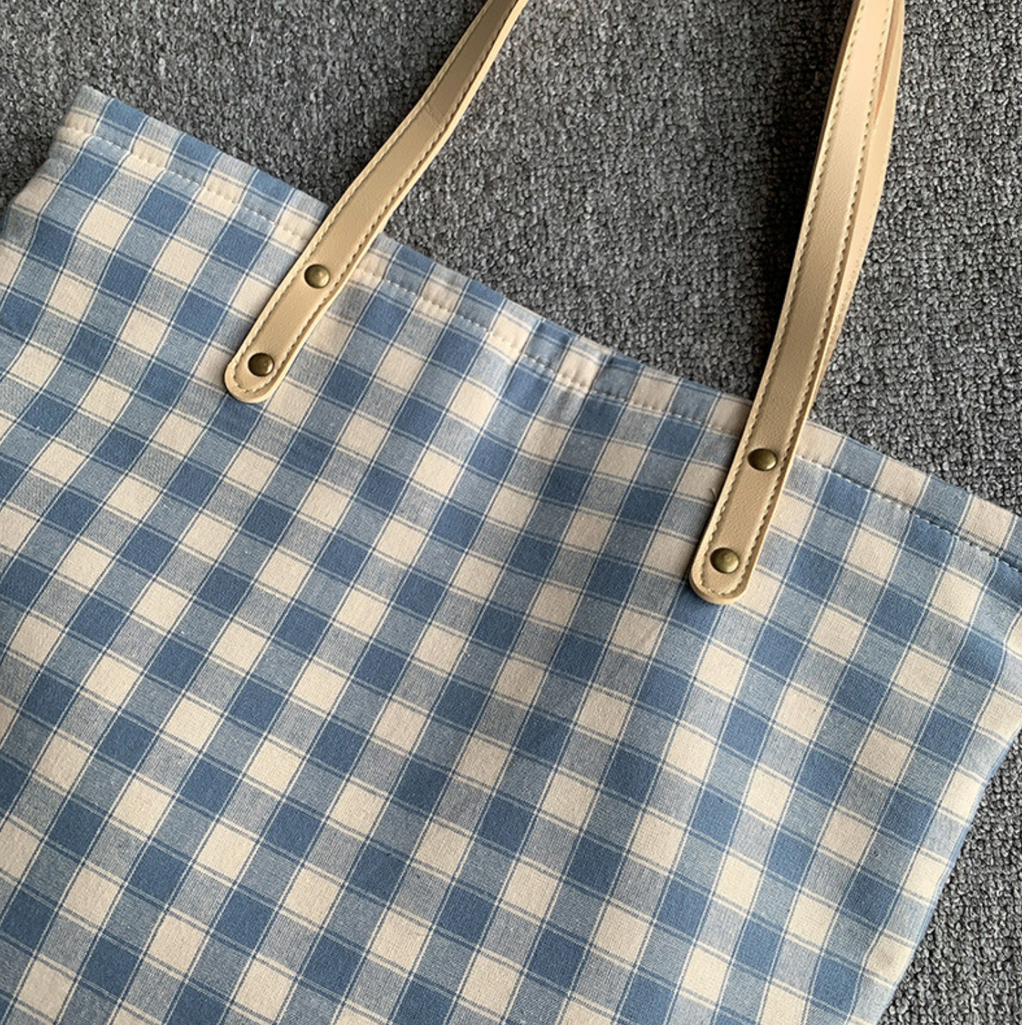 Blue & Black Pastel Checkered Bag with Leather Style Handle