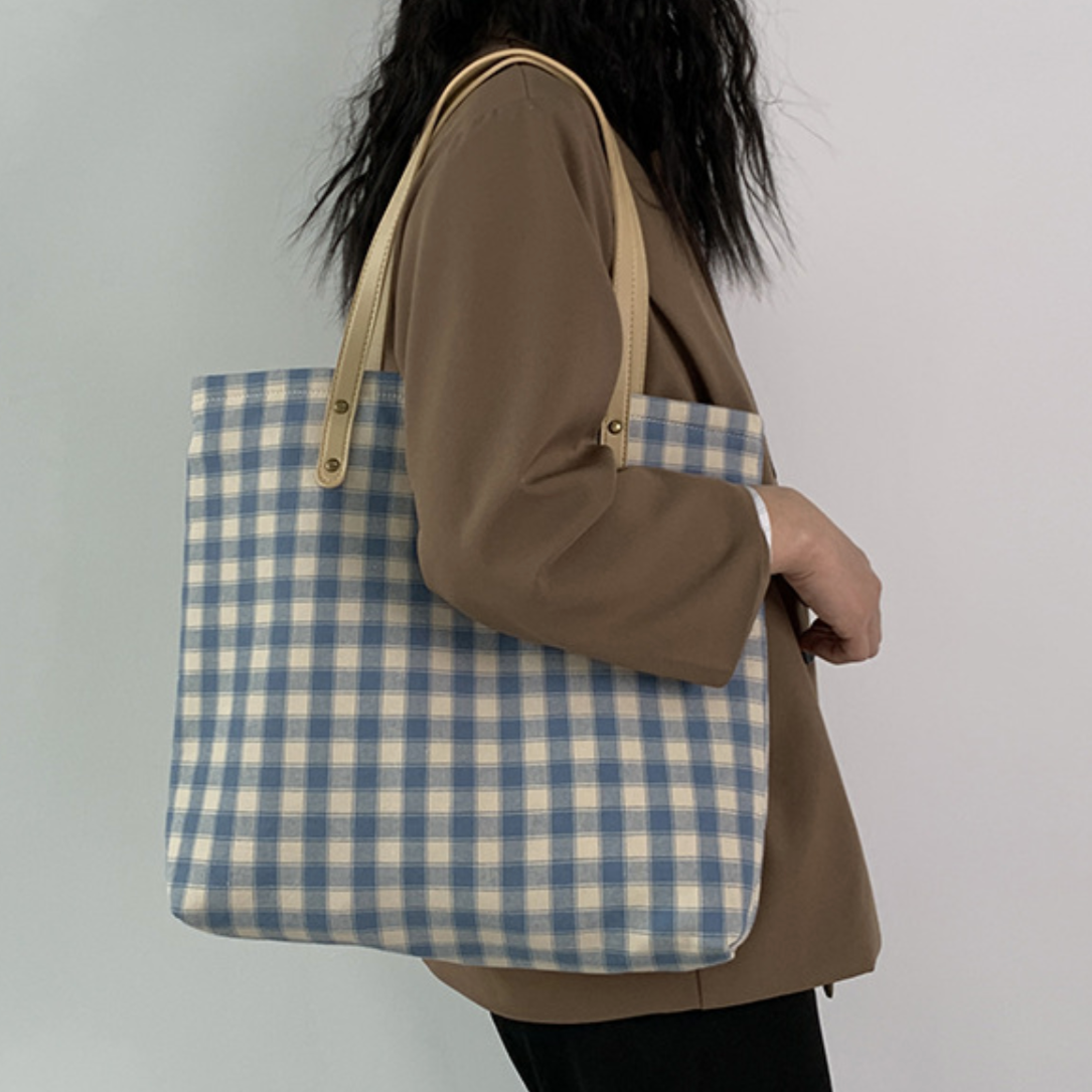 Blue & Black Pastel Checkered Bag with Leather Style Handle