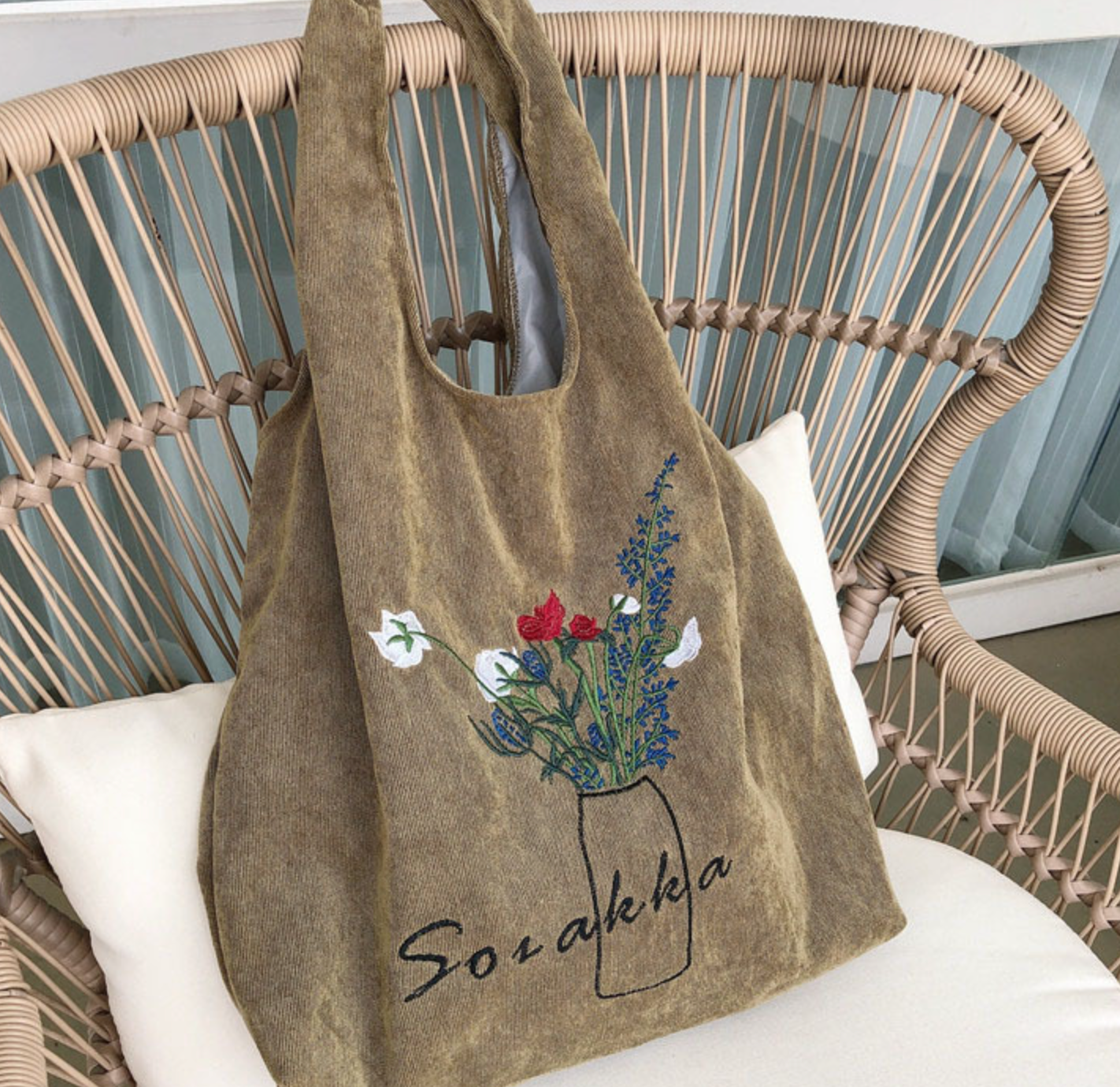Corduroy Shoulder Bag with Floral Vase Illustration