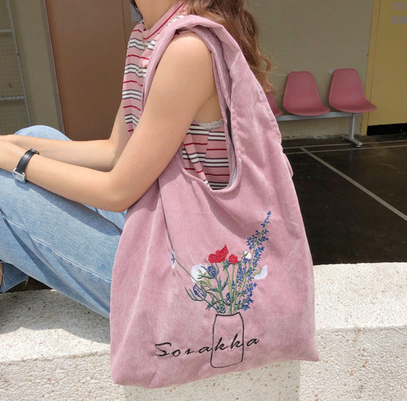 Corduroy Shoulder Bag with Floral Vase Illustration