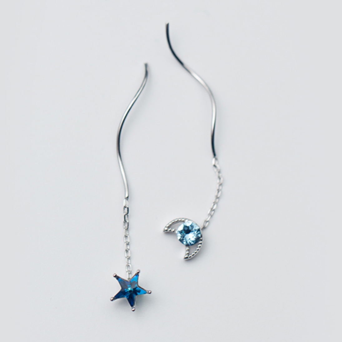 Blue Crystal Moon and Star Threader Earrings