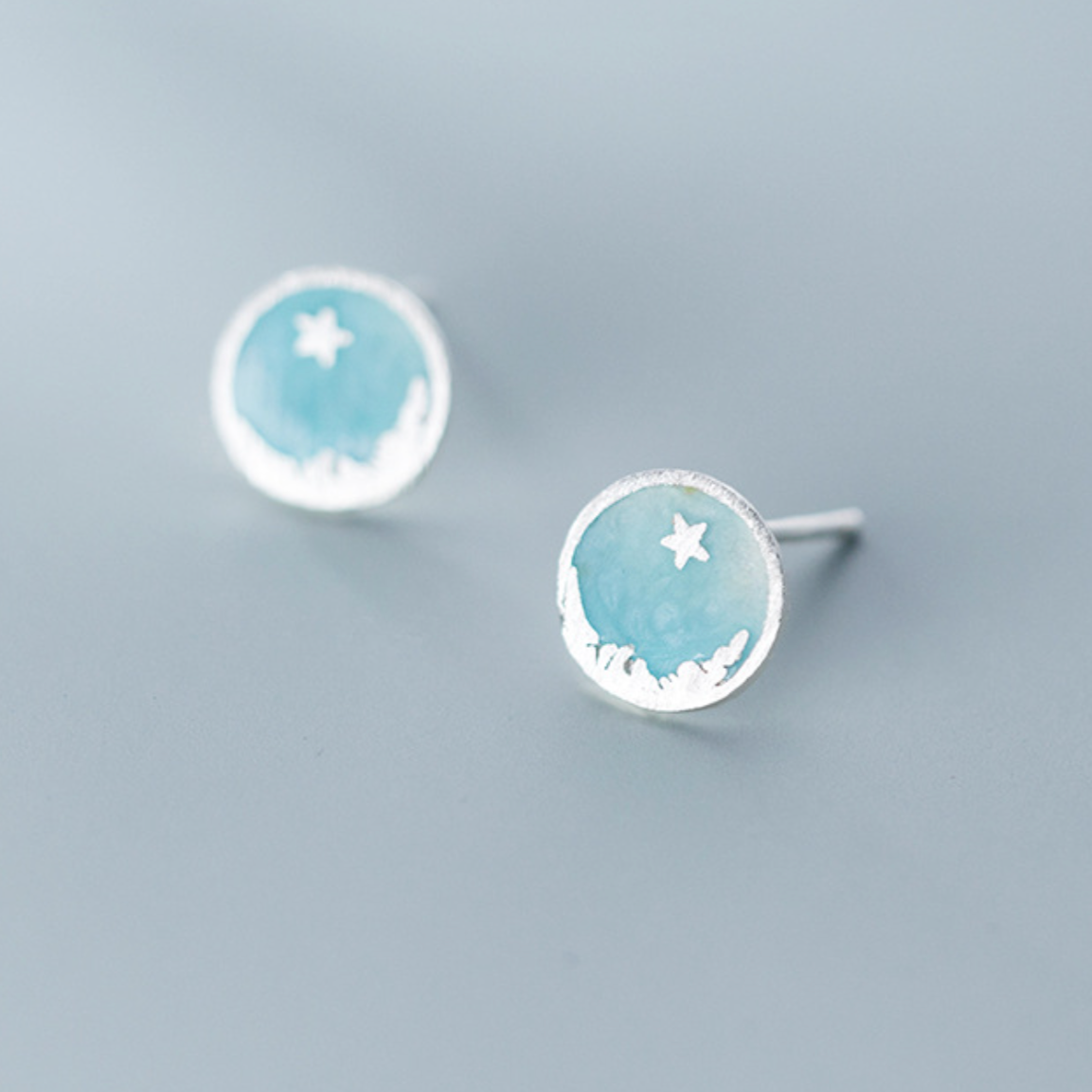 Moon and Star Circle Stud Earrings