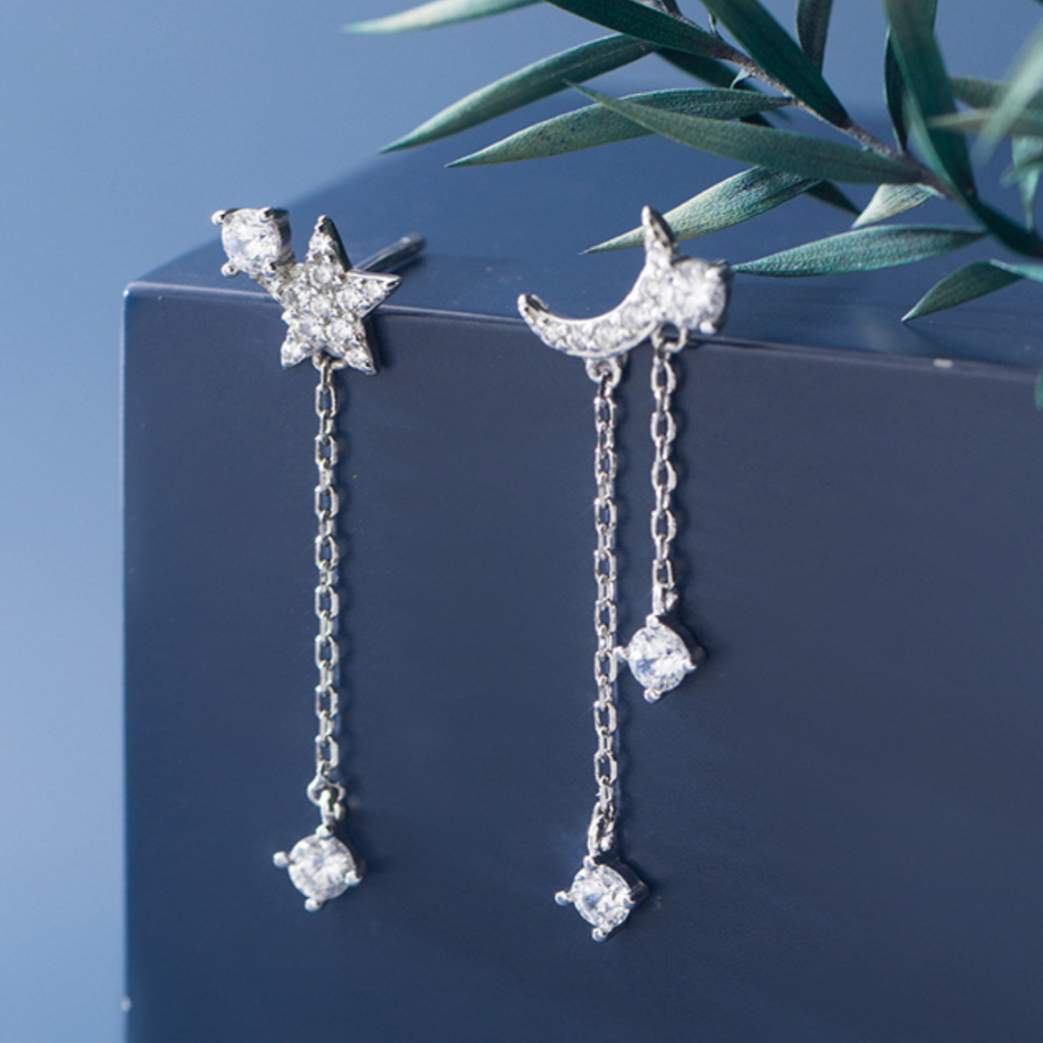 Sparkly Moon and Star Dangle Stud Earrings