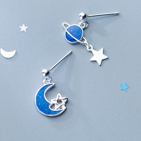 Blue Moon and Planet Dangle Stud Earrings