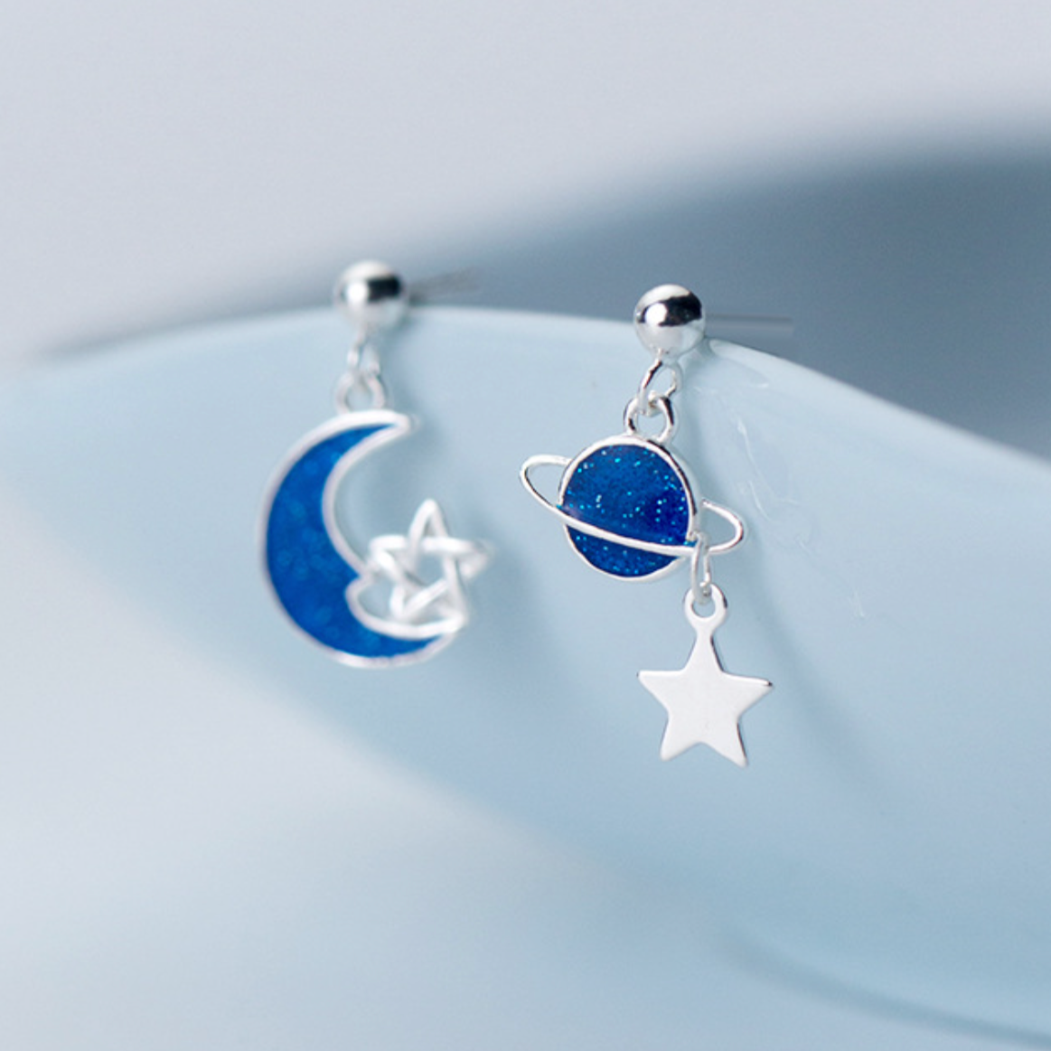 Blue Moon and Planet Dangle Stud Earrings