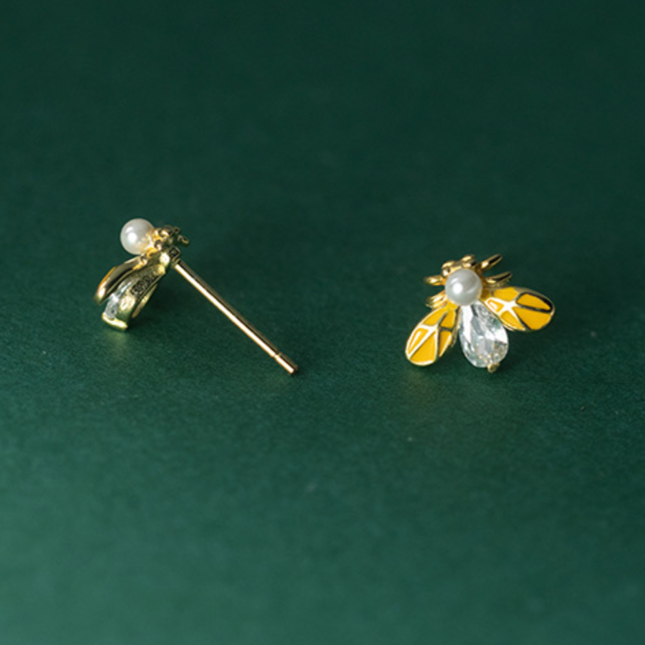 Crystal and Pearl Bee Stud Earrings
