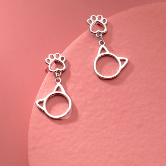 Cat Face and Paw Dangle Stud Earrings
