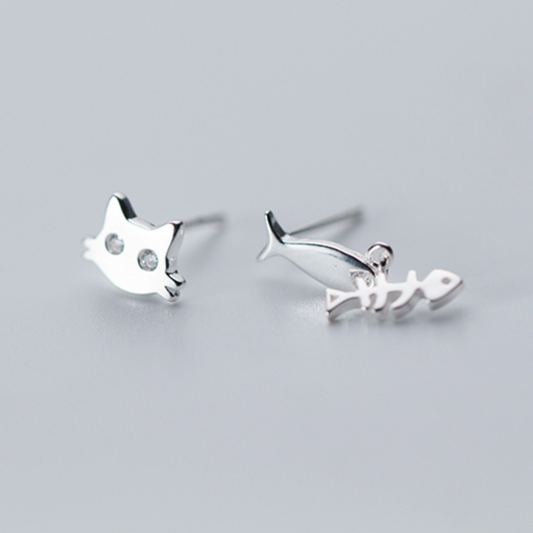 Cat and Fishbone Stud Earrings