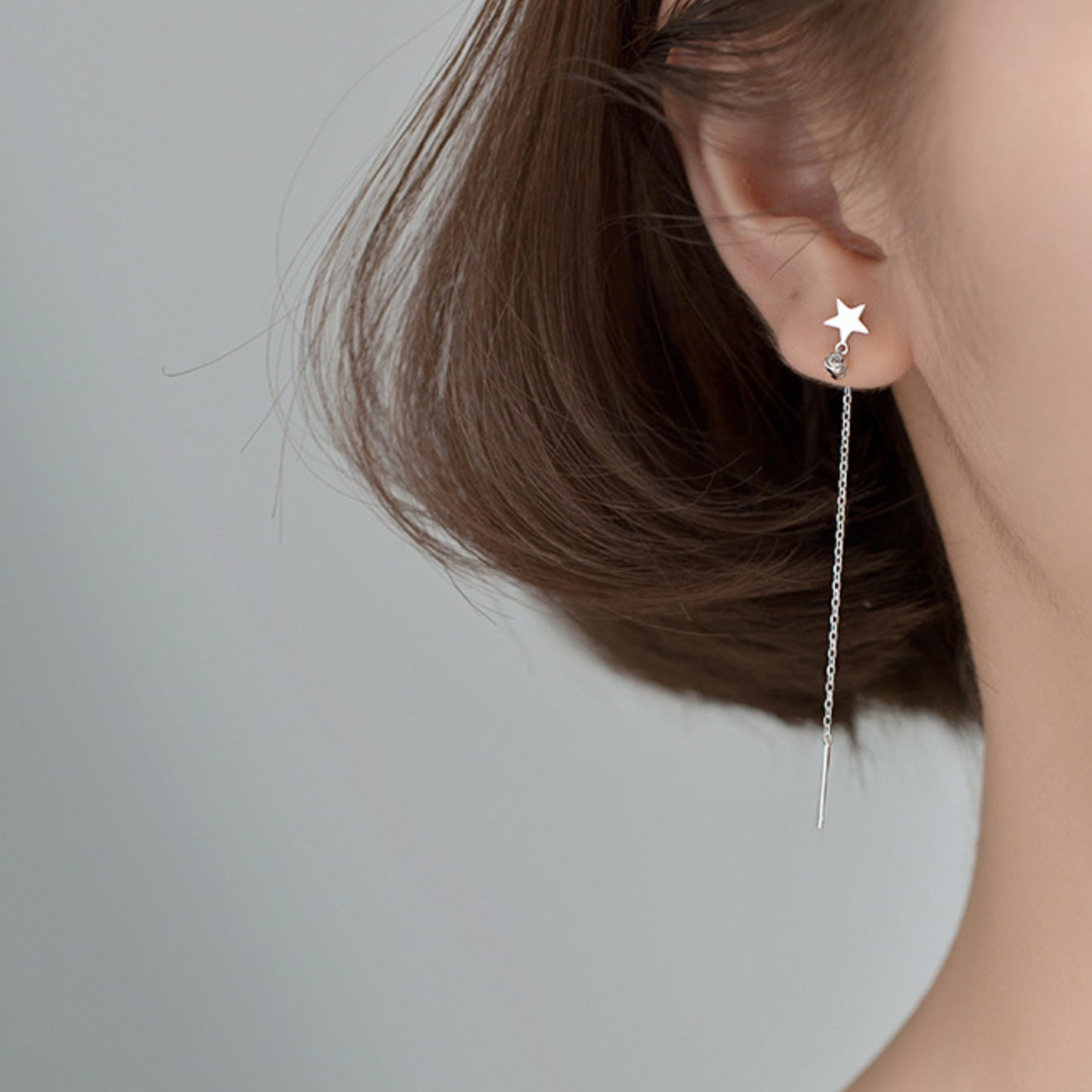 Moon and Star Asymmetrical Threader Earrings