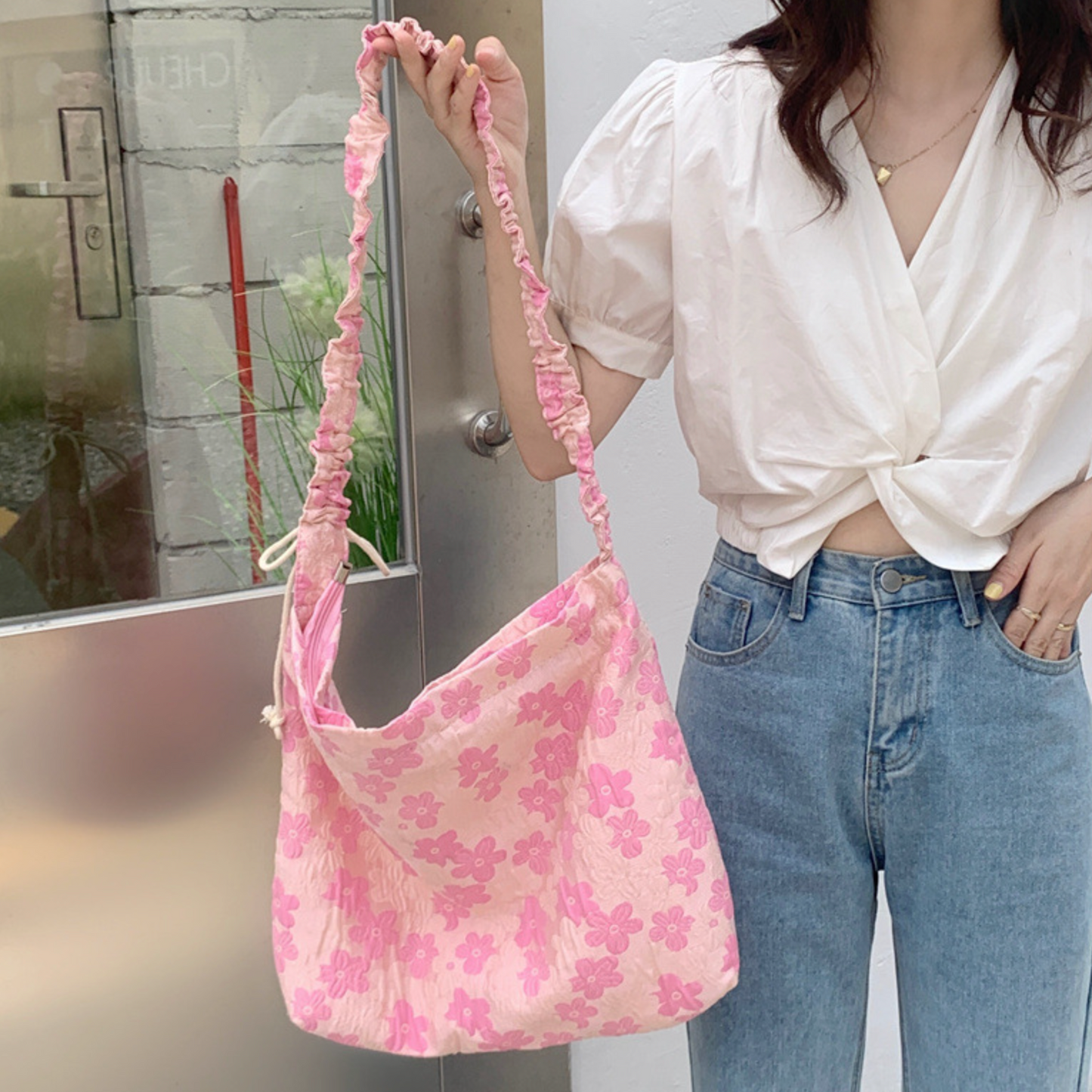 Ruched Pastel Floral Shoulder Bag