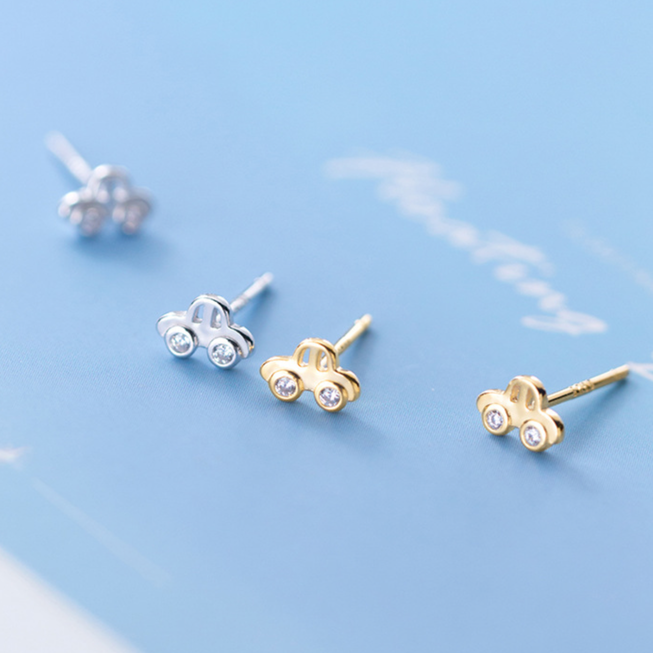 Tiny Car Stud Earrings with Crystal Details
