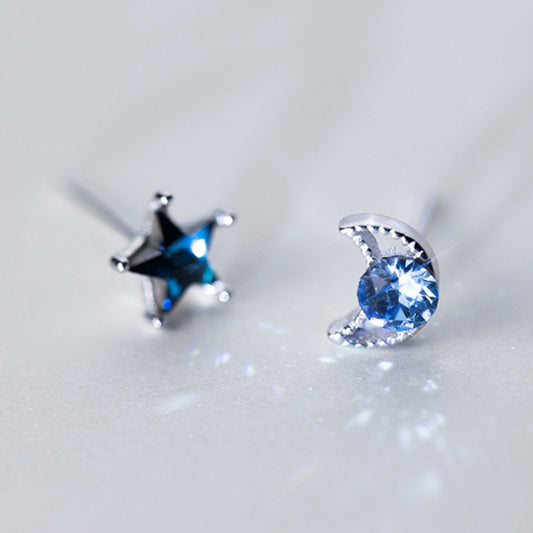 Blue Crystal Moon and Star Stud Earrings
