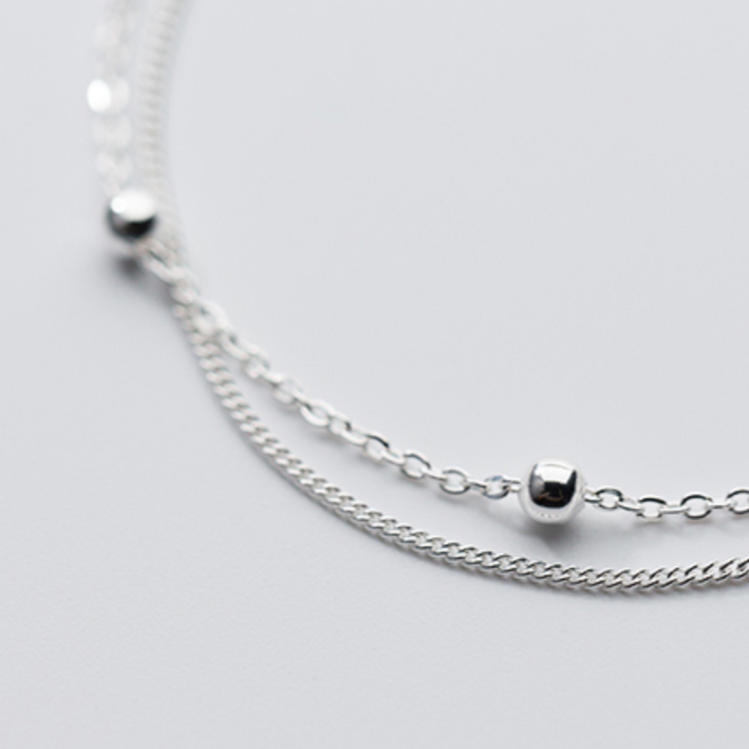 Womens Silver SP Heart Ball Charm Beaded Double Chain Foot Womens Silver SP Heart Ball Charm Beaded Double Chain Foot
