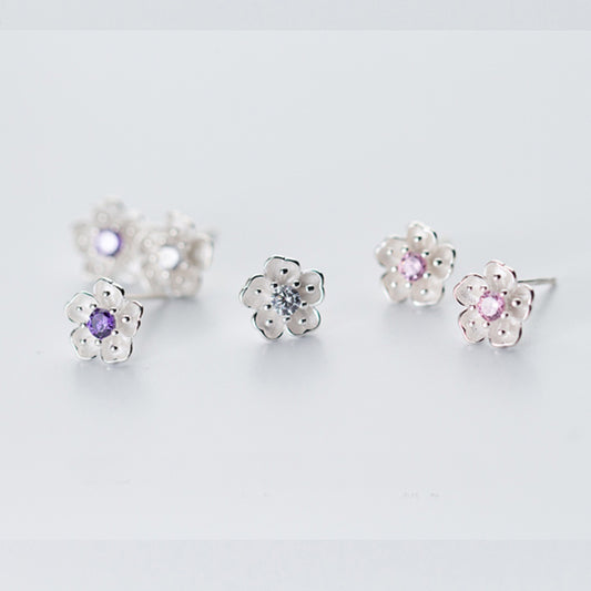 Pink, Purple and White Crystal Flower Stud Earrings